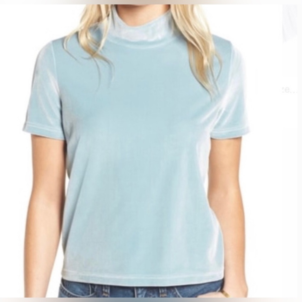 Madewell Iced Light Blue Crushed Velvet Mock Neck Top Blouse Shirt Small
